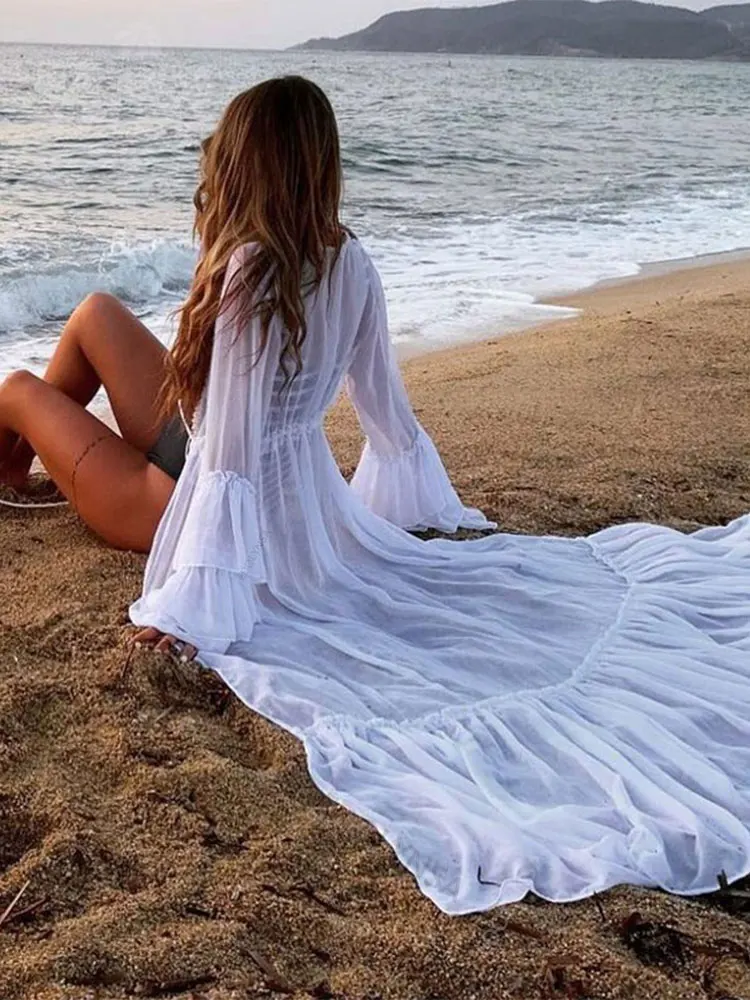 Женское многослойное платье с воланом длинное белое высокой талией и кружевной