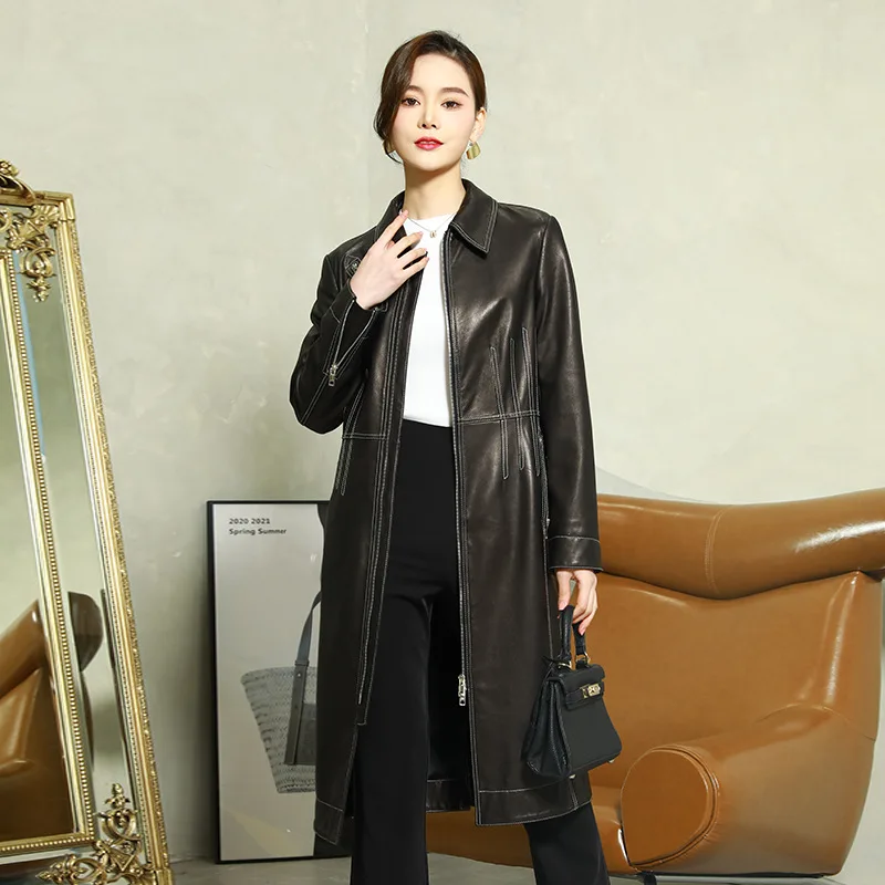 Leather Outerwear Spring Autumn Women's Turn Down Collar Trench Coat Female Long Sheepskin Waist Slim Tanned Leather Jacket