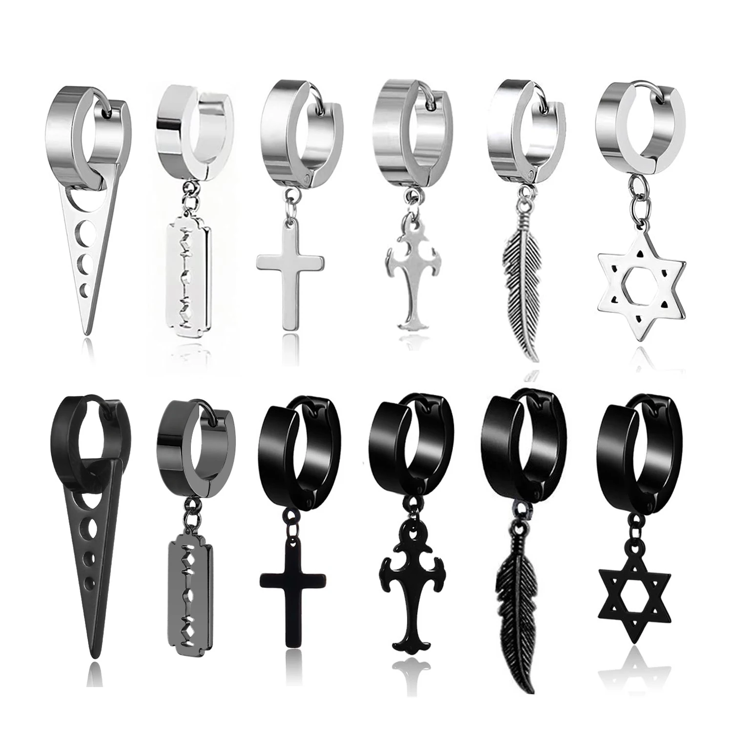 

Висячие серьги-кольца Huggie из нержавеющей стали унисекс, 6 штук, с крестом, с перьями, листьями, для мужчин, женщин, мужчин