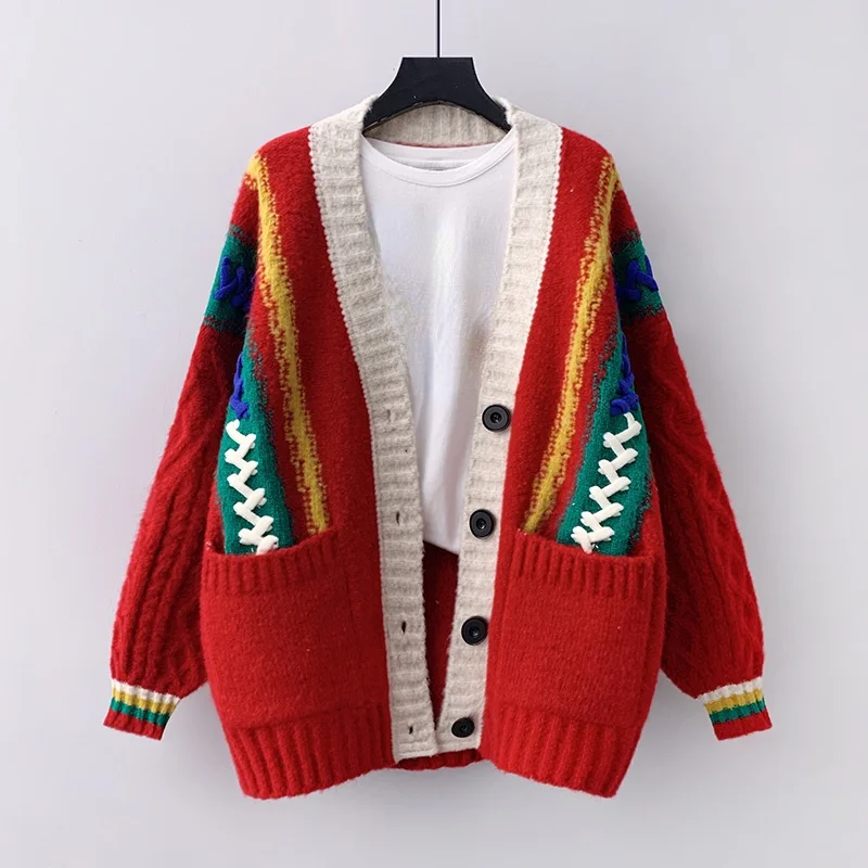 Red Embroidery Knitted Women Sweater Cardigan Winter New 2022 V-Neck Thicken Warm Lantern Sleeved Loose Female Outwear Coats