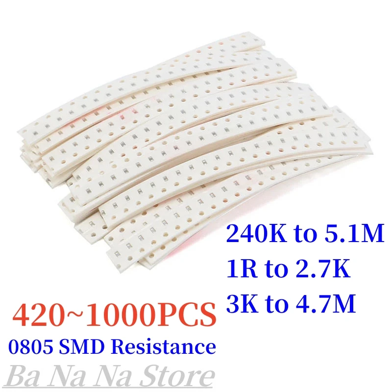 

1000/420 шт., набор резисторов 0805 SMD, сопротивление, набор образцов 5%, 240K ~ 5,1 M 1% 3K ~ 4,7 M 1% 1R ~ 2,7 K, электронный компонент