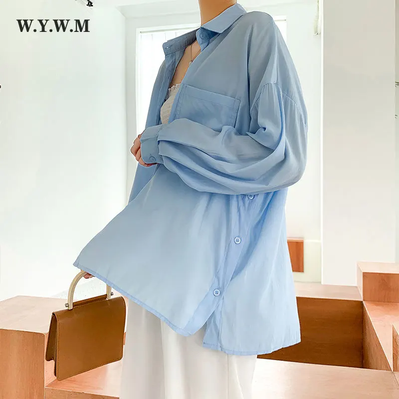 

Женская Однотонная рубашка WYWM на пуговицах с Боковым Разрезом в стиле Харадзюку, свободные Простые Топы с длинным рукавом, шикарная мягкая ...