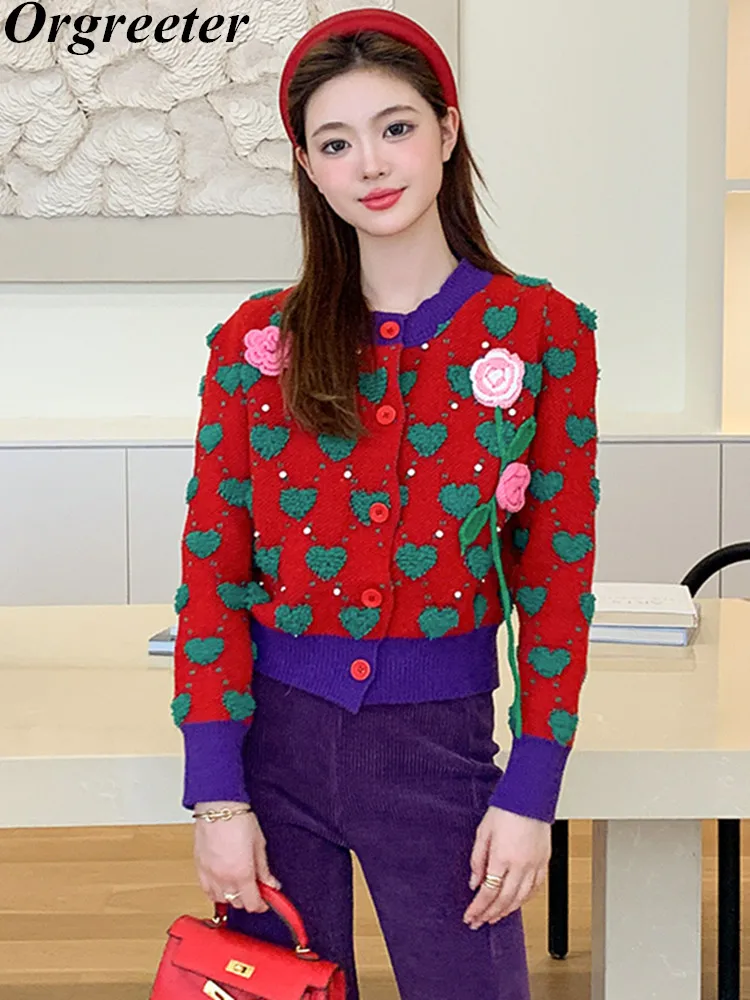 

New Arrival Knitted Cropped Cardigan Sweet Love Jacquard Women Sweaters 3D Flower Appliques Beaded Knitwear Jacket