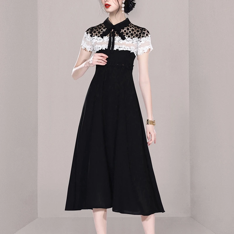 

Новое поступление 2020 летнее женское шифоновое кружевное платье с отложным воротником модное винтажное элегантное платье с коротким рукаво...