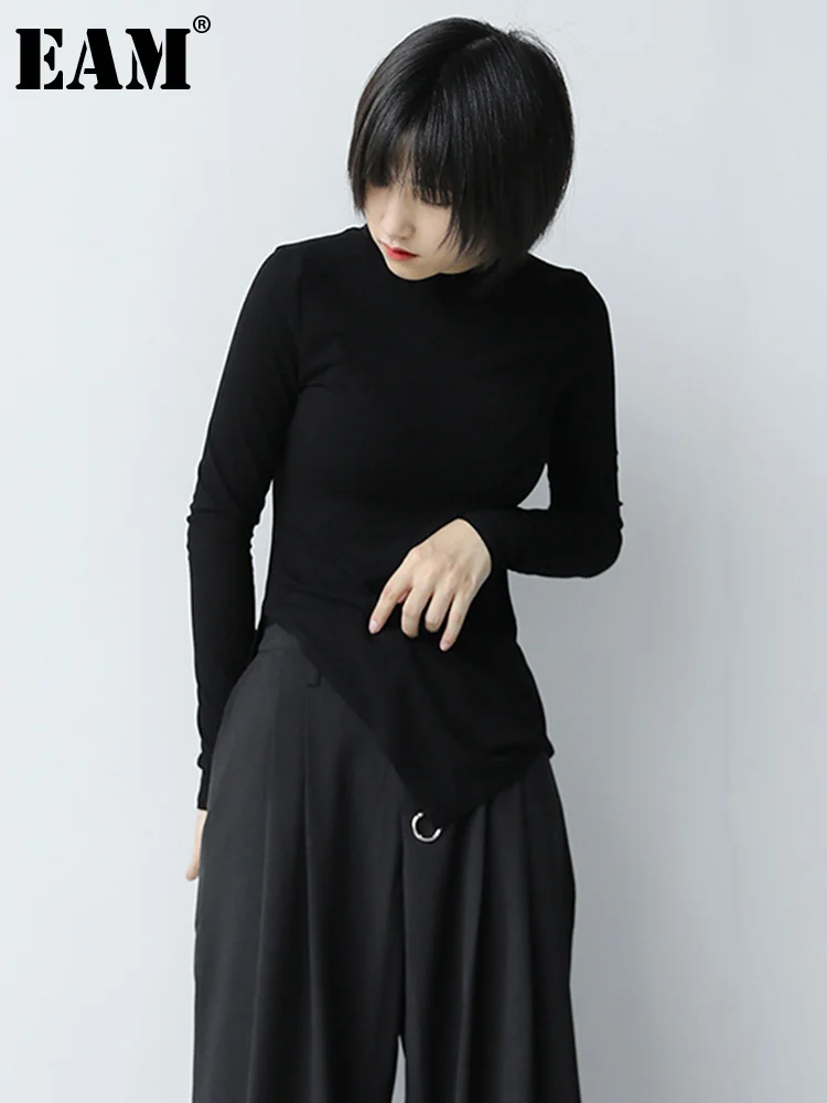 

[EAM] Women Black Brief Irregular Split Joint T-shirt New Round Neck Long Sleeve Fashion Tide Spring Autumn 2022 1DB226