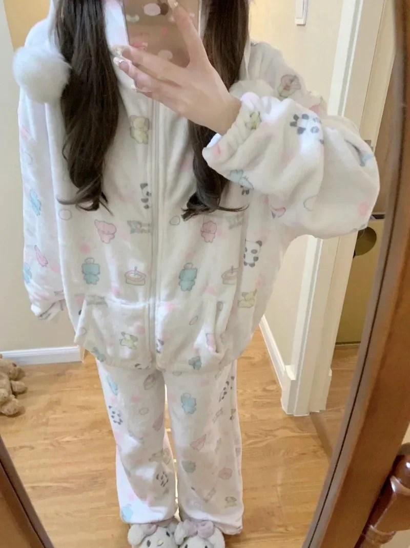 Японская коралловая бархатная флисовая пижама из двух предметов женская одежда