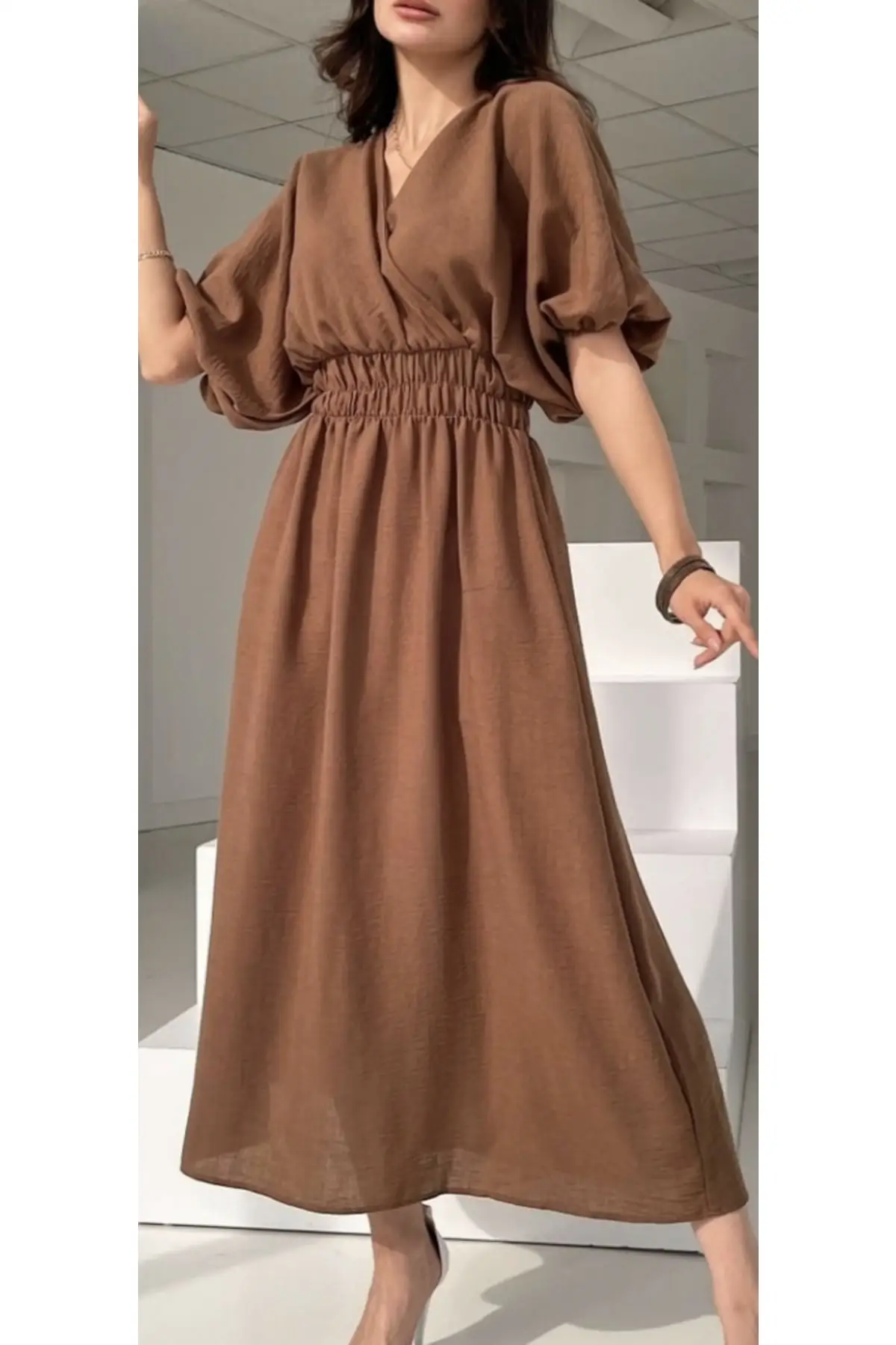 

Double-breasted Waist Linen Dress Bat Sleeve Short Cool Comfort Regular Collar Midi Brown Unclosed Trend Non-Pocket Young