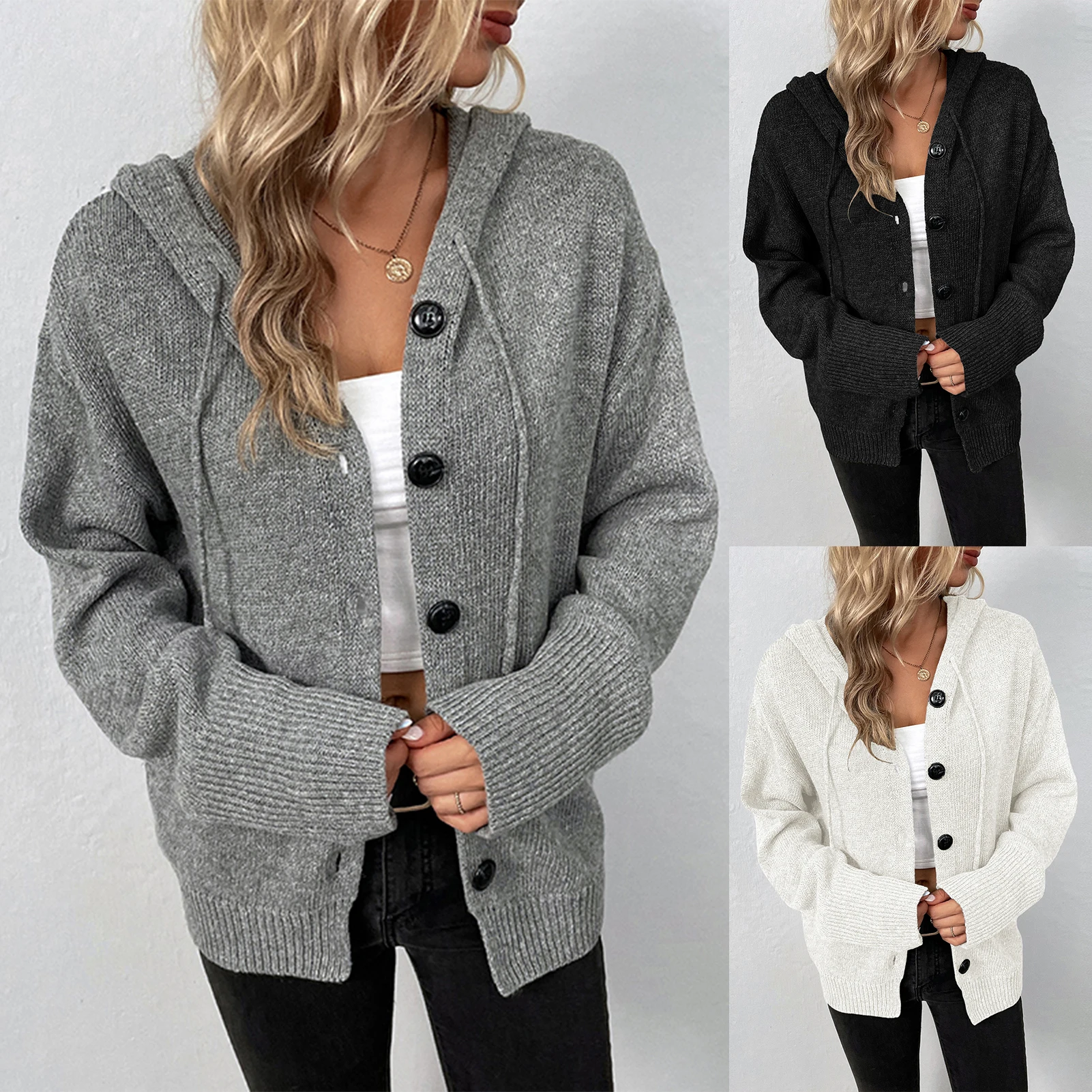 

Elegant Long Sleeve Cardigan Mujer Solid V Neck Open Stitch Brief Women Sweaters Hooded JAPAN Knitted Single Breasted Y2k Outfit