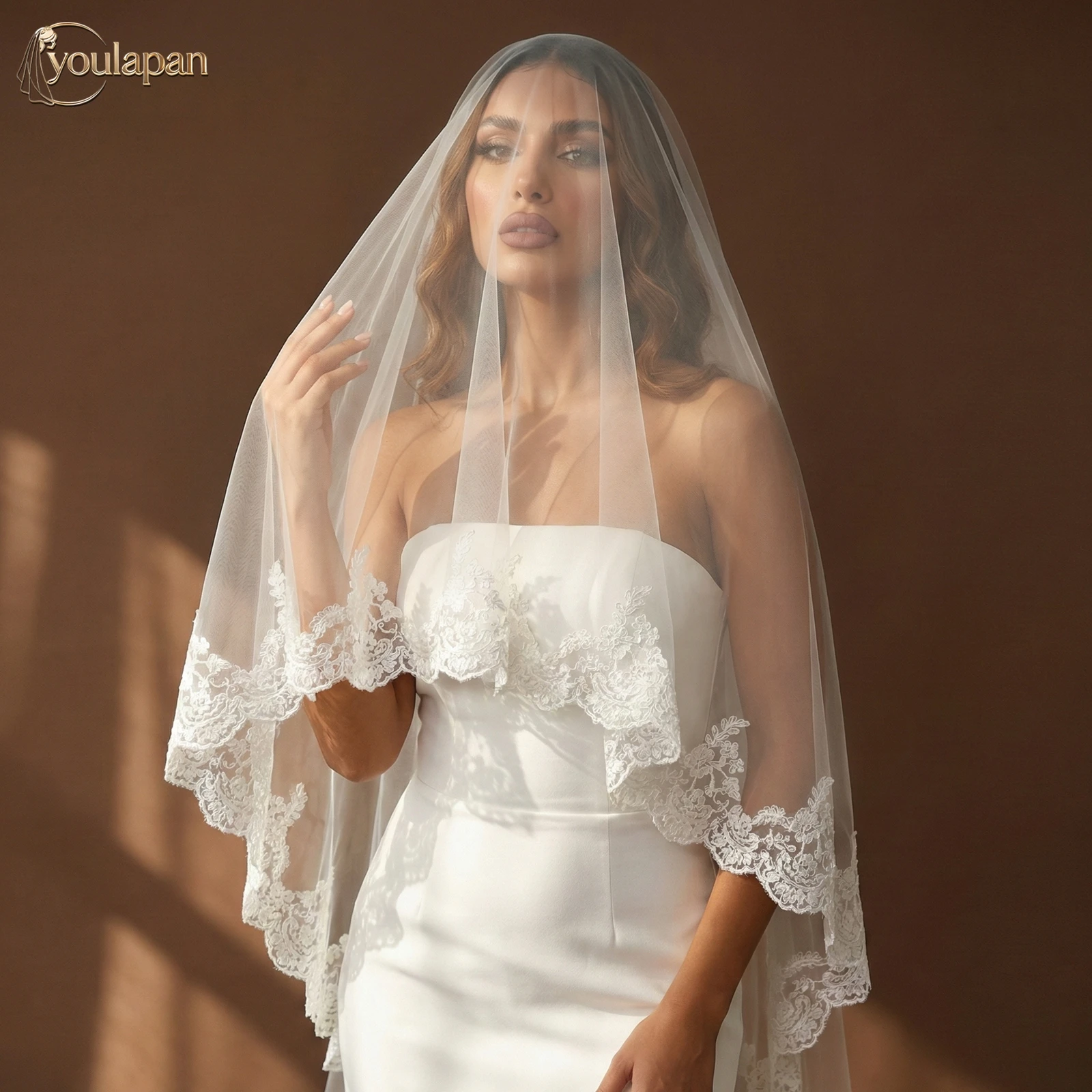 Фото Свадебная мантилья TOPQUEEN с испанским кружевом, вуаль для невесты, катедральный вуаль, покрывающий лицо спереди и сзади, свадебные аксессуары M49 №3