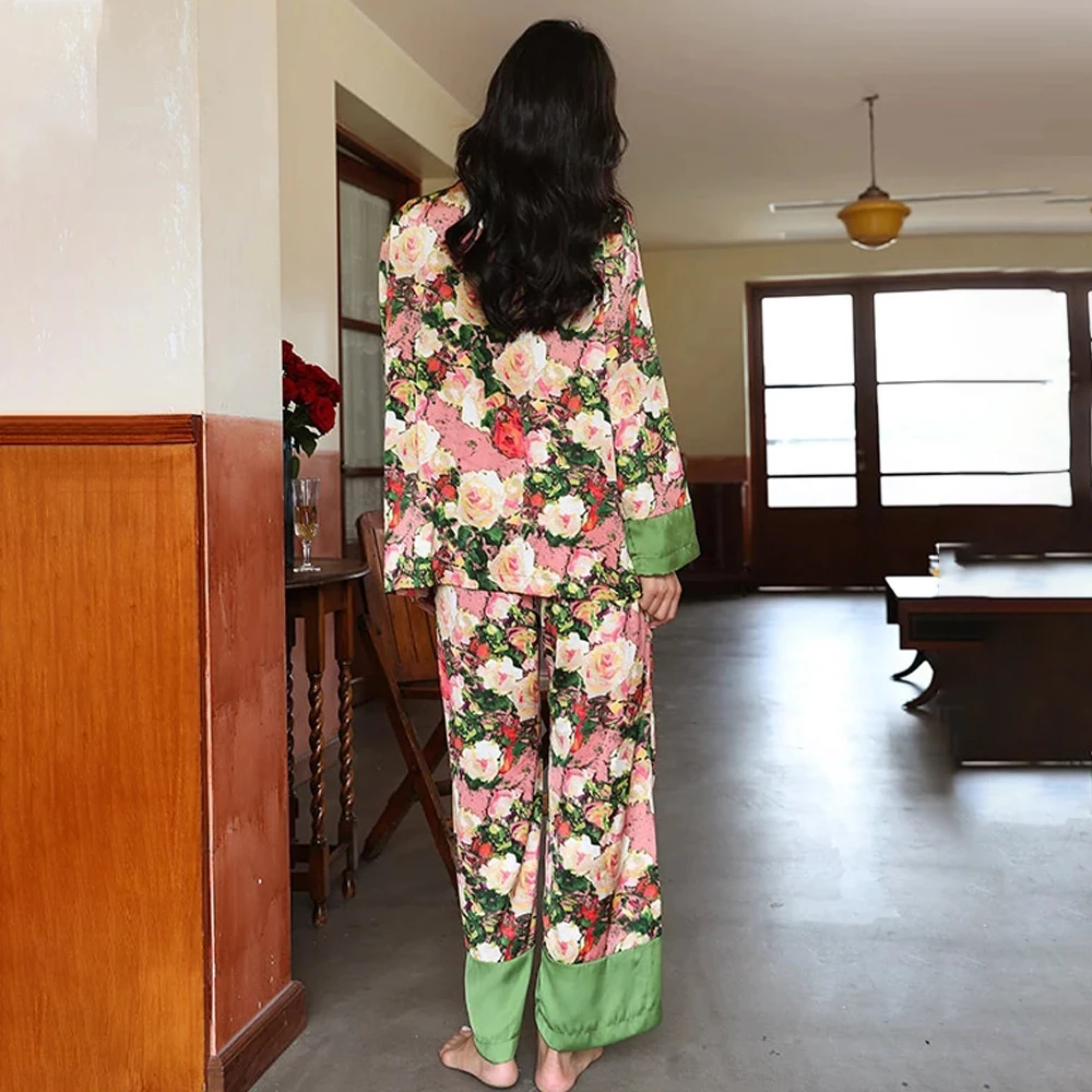 Women's Pajamas Set Floral Printed Silk Satin Loungewear Sleepwear for Women Temperament Pocket 2Pcs Long Sleeves Home Wear