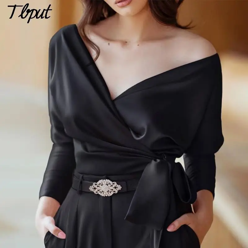 

Women Elegant Retro Solid Simple Sexy V Neck Slim Lace Up Shirts Tops Office Lady Chic Long Sleeve Asymmetry Belt With Blouse