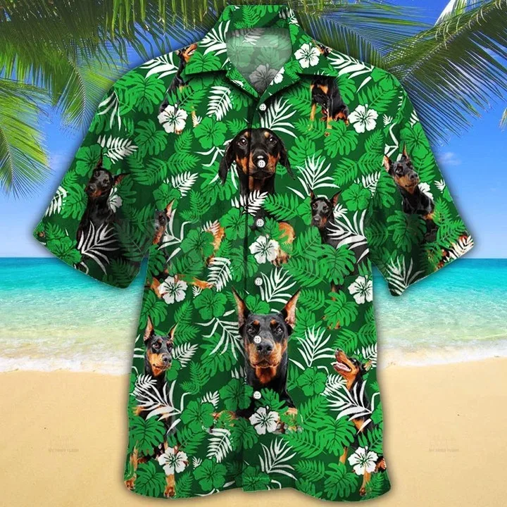

Doberman Pinscher Green Floral Pattern Hawaiian Shirt D All Over Printed T Shirts Funny Dog Tee Tops shirts Unisex Tshirt
