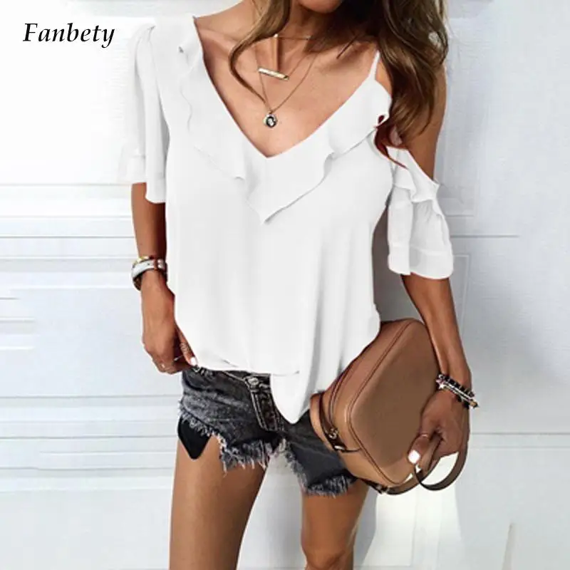 

Блузка женская с открытыми плечами, элегантный пикантный Свободный пуловер с V-образным вырезом, топ с коротким рукавом, ажурная Однотонная ...