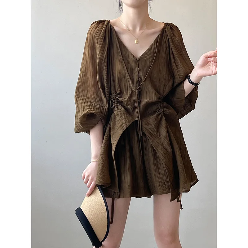 

Summer Women Vintage Two Piece Short Set V Neck Lace Up Pleated Drawstring Shirt Wide Leg Shorts Sporty Outfits Solid Ladies