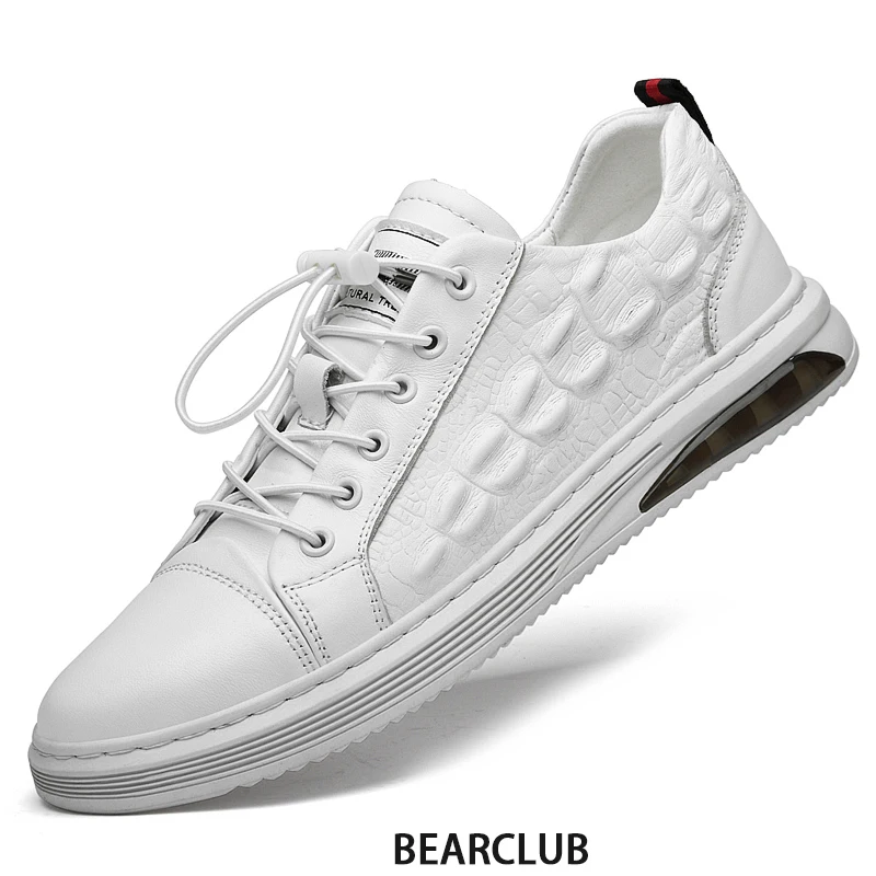 

BEARCLUB Quality Men's Tennis Sneaker Genuine Cow Leather Skateboard Shoes Natural Leather Footwear for Men with Elastic Laces