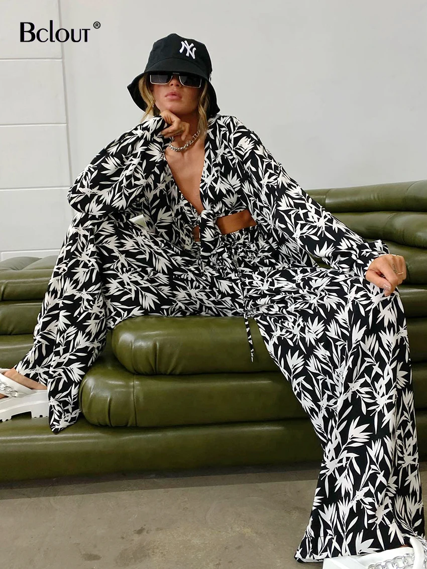 

Уличные длинные брюки Bclout, комплект из 3 предметов, модная женская рубашка с длинным рукавом и принтом, сексуальный укороченный топ, брюки с ...