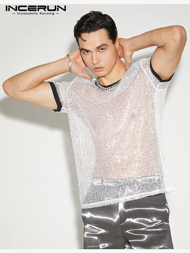 

INCERUN American Style Men Sparkling Party Wear Sequined Mesh Camiseta Casual Streetwear Male O-Neck Short Sleeve T-shirts S-5XL