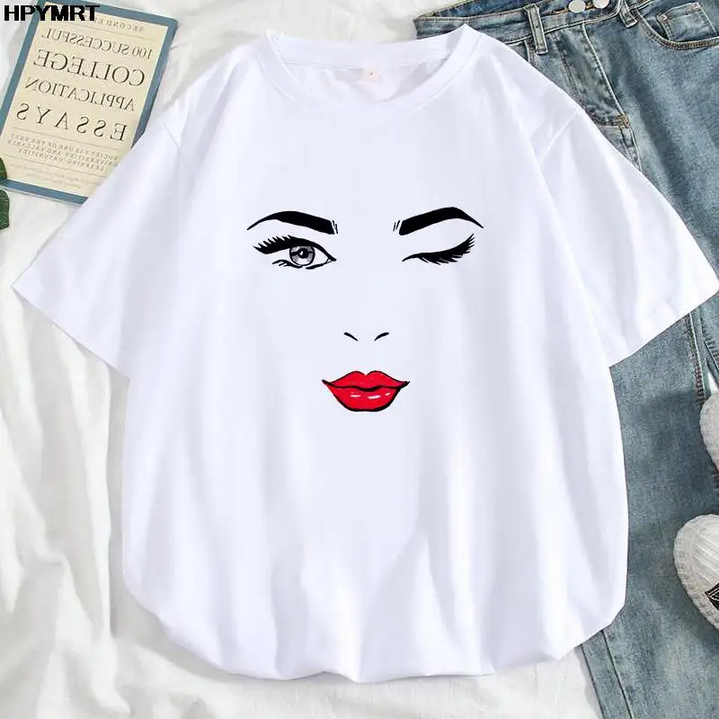 

New Street womens clothing spring and summer Fashion graphics shirt cute facial expression print ladys girl Casual cozy T-shirt