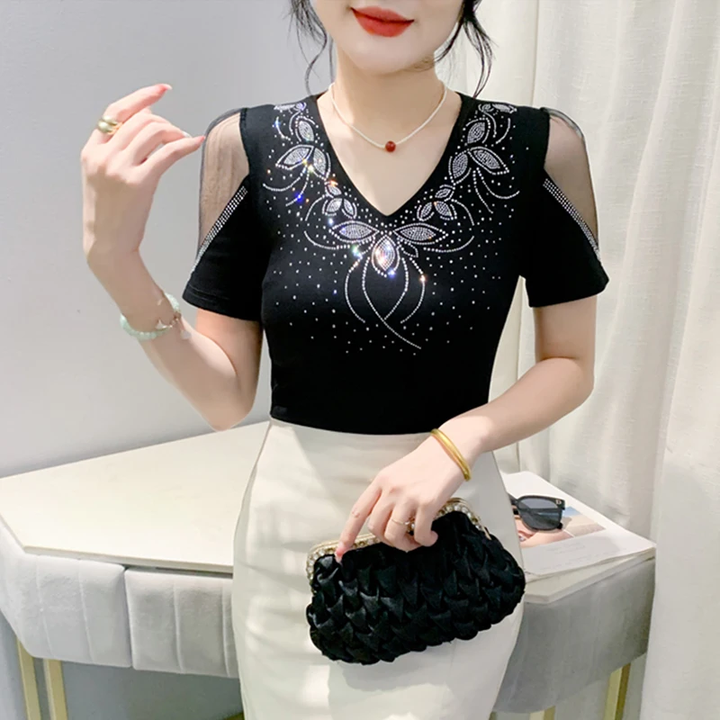 Ozhouzhan Summer New Heavy Industry Hot Drilling Short sleeve T-shirt Women Slim fit Sexy V-neck Mesh Patchwork Backless Top ...