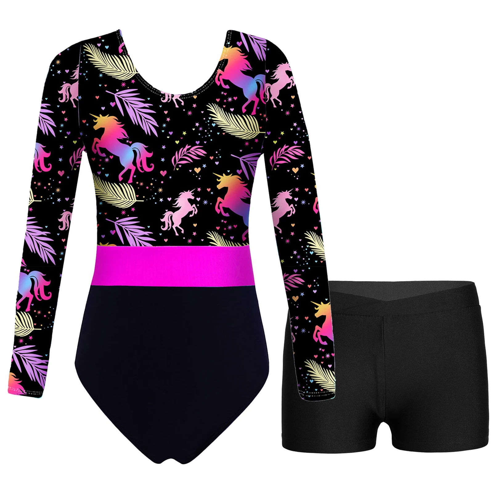 Купи Kids Girls Ballet Dance Sets Long Sleeve Printed Leotard Bodysuit + Waistband Shorts Outfits for Gymnastics Workout Performance за 645 рублей в магазине AliExpress