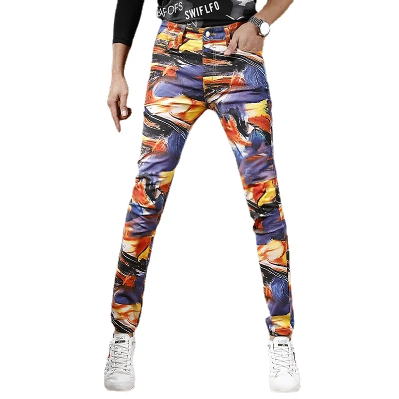 Men Digital Printing Jeans Mens Casual Pants 2022 Streetwear Fashion Colorful Cotton Slim Fit Straight Denim Trousers