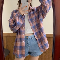 autumn blouse korean preppy style plaid long sleeve t shirt polo neck loose fashion clothes woman 2021 all match top