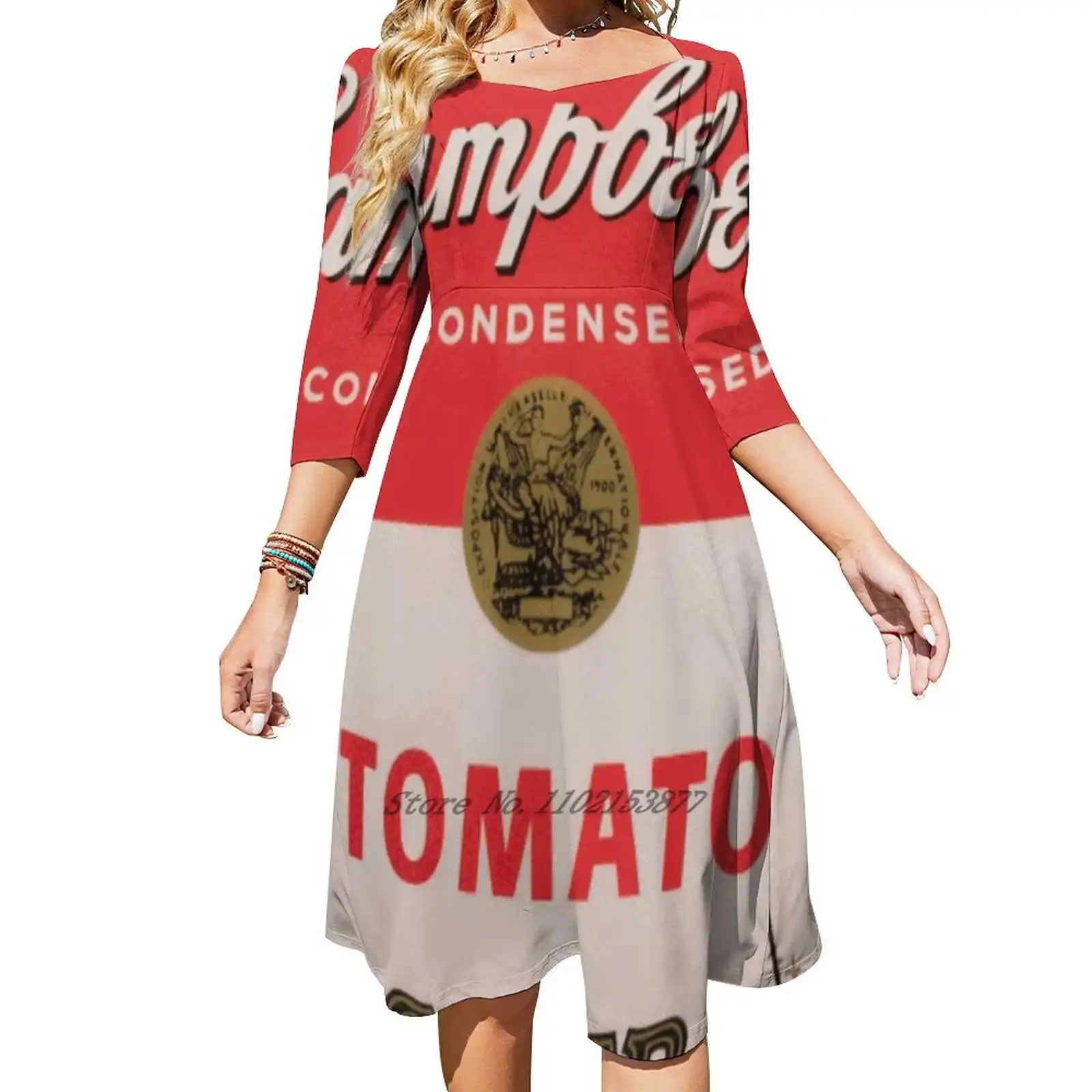 Tomato Soup Print Loose Pocket Dress Women Casual V Neck Dress Printed Dress Andy Andrew Warhol Campbell Soup Tomato Red White images - 6