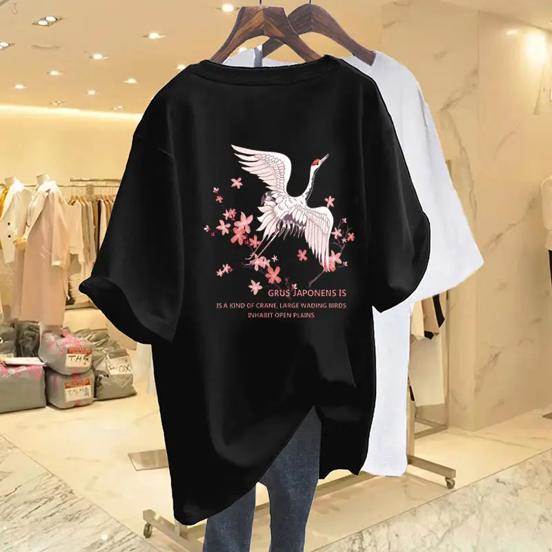 

Women Clothing Red-crowned Crane Printed T-shirt Summer Short Sleeve Chic Casual Basic Tees PDlj610