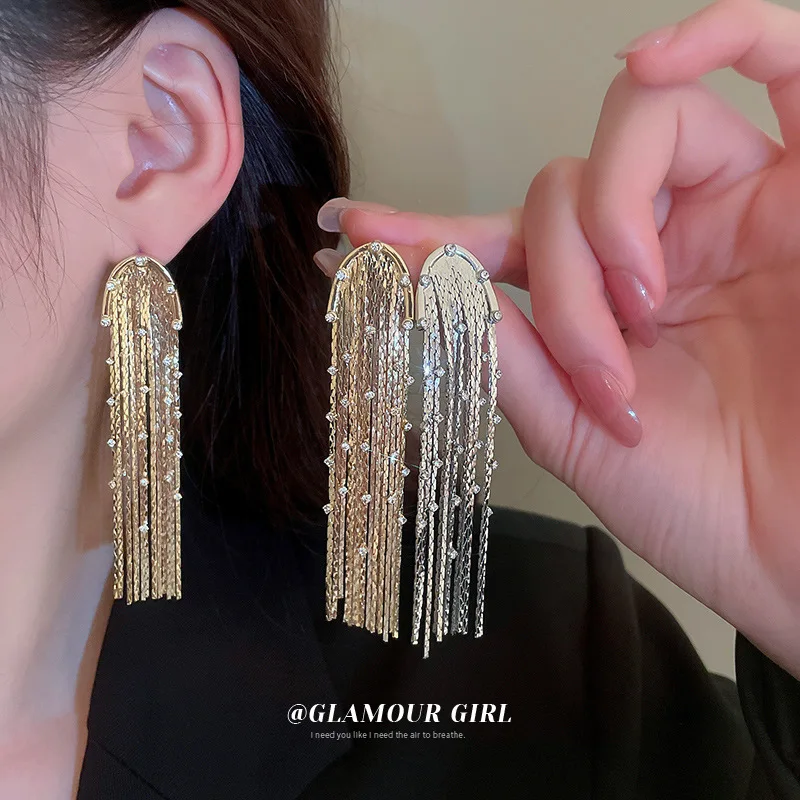 

Minar Gothic Bling Rhinestone Long Tassel Earring for Women Femme Brass Gold Silver Geometric Drop Earrings Daily Party Jewelry