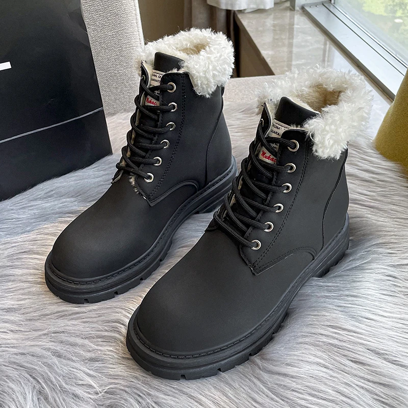 New Women's Boots Warm Plush Ladies Shoes Leather Lace Up Thick-soled Square Chunky Heel Snow Boots Ladies Mid Calf Boots