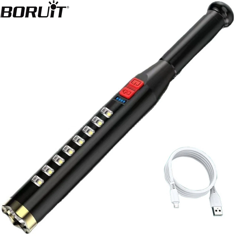 BORUIT Baseball Bat Self Defense LED Flashlight USB Rechargeable Waterproof Torch Strong Security Anti Riot Equipment Lamp