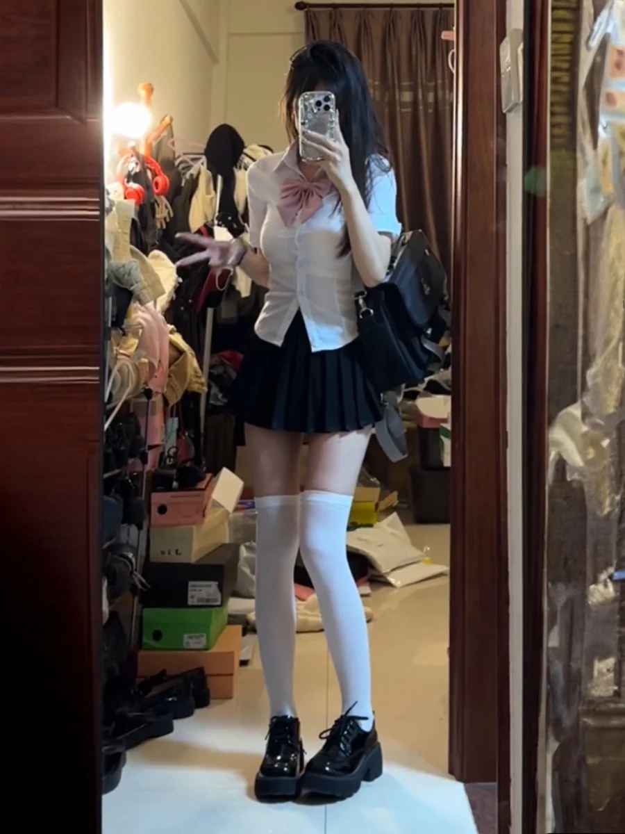 Waist Hugging Shirts Short sleeve Pure Desire Preppy Set Summer White Shirt Jk Uniform Women Short Man Top