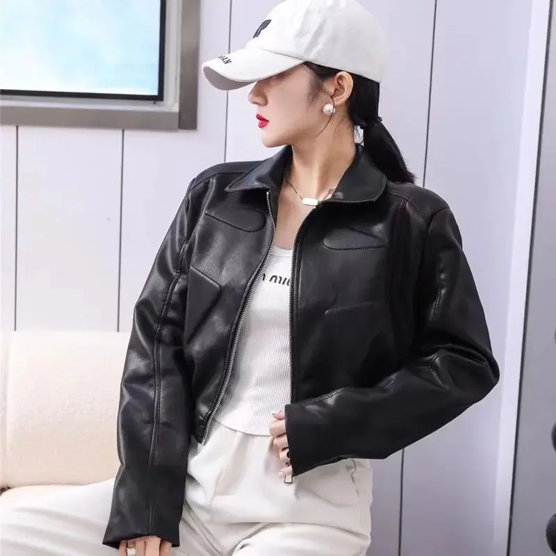 Fashionable Genuine Leather Jacket Women's Casual Vintage Motorcycle Loose-Fit Cropped Trendy Lapel Spring Autumn New Mod