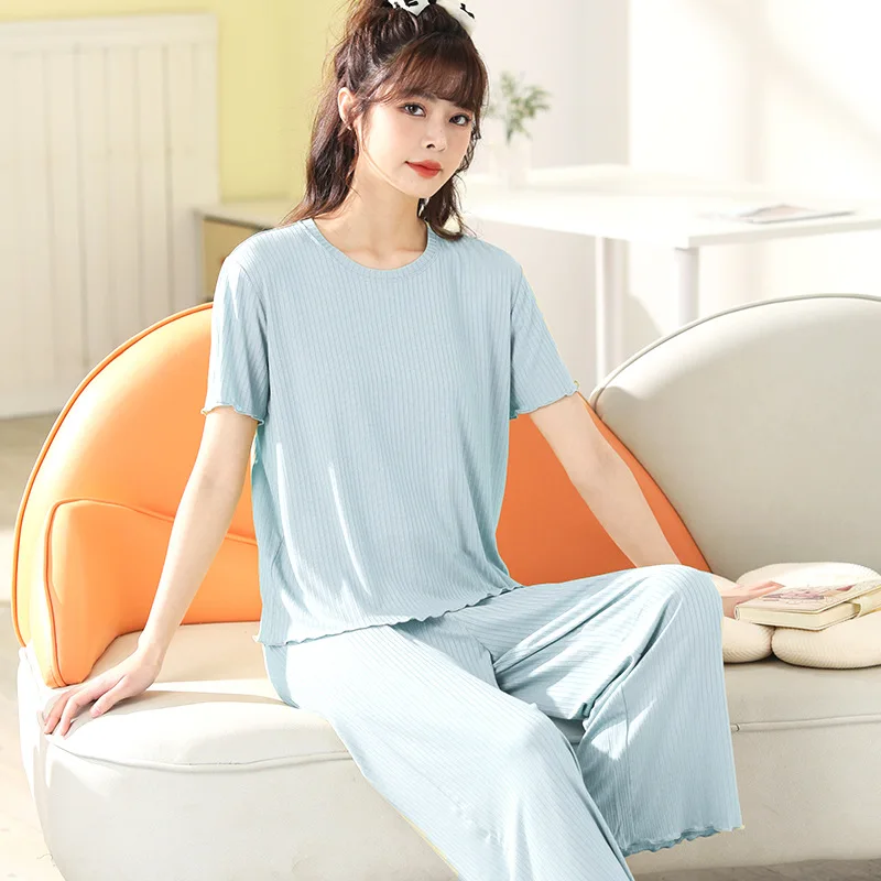 

Modal Women's Pajamas Summer New Women's Thin Loose Home Suit Casual Wear Summer Pajamas Short-sleeved Cropped Pants Solid Color