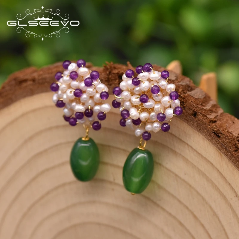 

GLSEEVO Green Agate Flower Fashion Dangle Drop Earrings For Women Rose Red Jade Natural Small Pearls Luxury Jewellery GE0983A