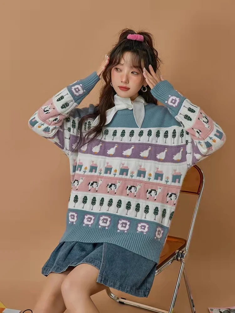 

Autumn Japan Vintage Women Winter Pullover Sweater Animal Jacquard Ladies Loose Knitted Jumpers Thick Warm Long Sleeve sweater