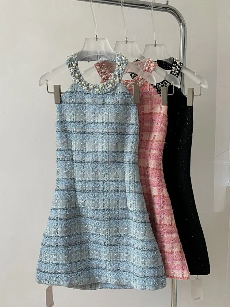 

Роскошное твидовое платье во французском стиле с бисером, маленькое платье для женщин, лето 2023, корейский стиль, красивое, приталенное, клетчатое мини-платье