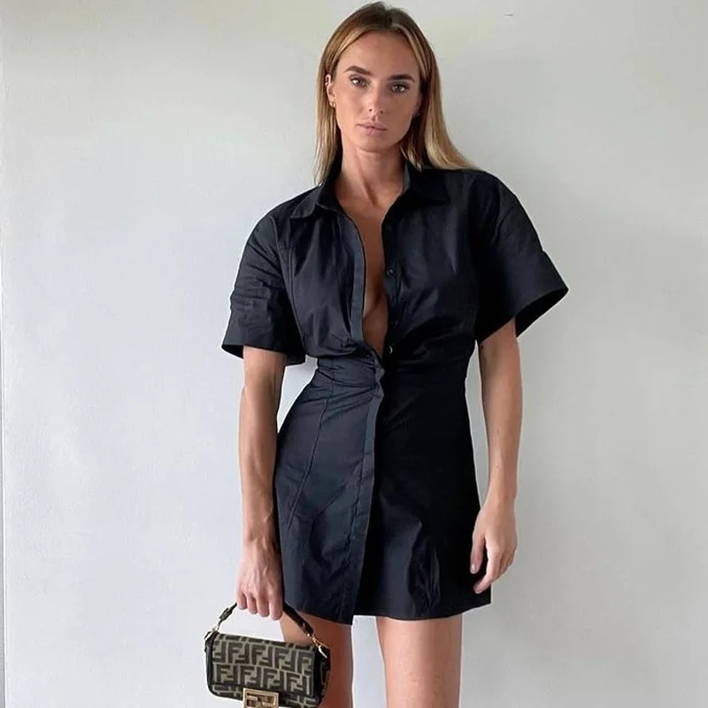 

Dresses For Women 2022 Summer Skinny Sexy Single-Breasted Lapels Casual Club Party Shirt Mini Dress Vestidos Streetwear Clothes