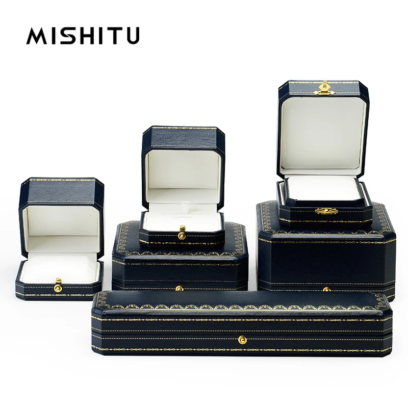 

MISHITU Blue PU Leather Jewelry Box for Ring Pendant Necklace Packaging Display Octagonal Storage Gift Box Exquisite Decoration