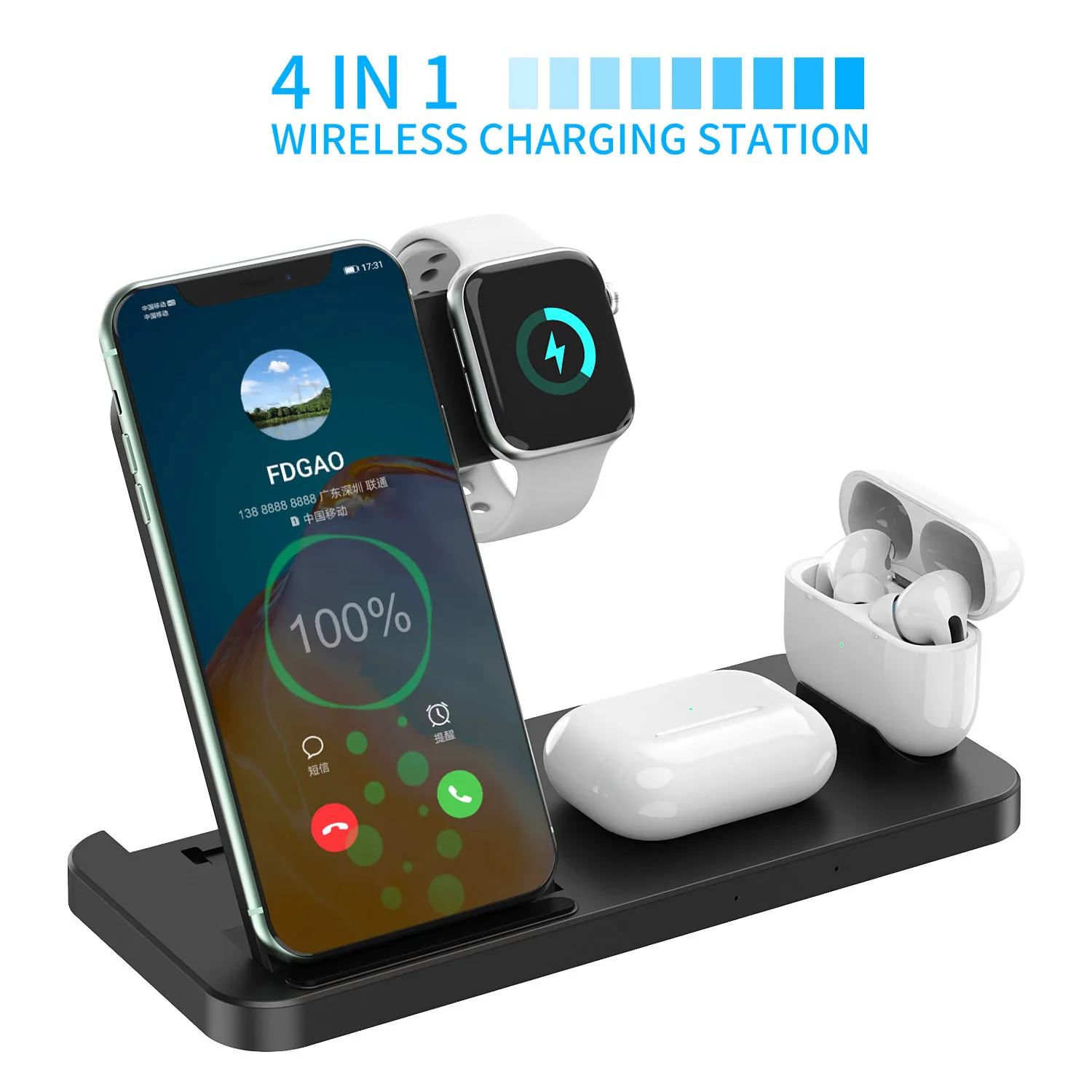 15W Wireless Charger Stand For iPhone 13 12 11 X 8 Apple Watch 4 in 1 Qi Fast Charging Dock Station for Airpods Pro iWatch |