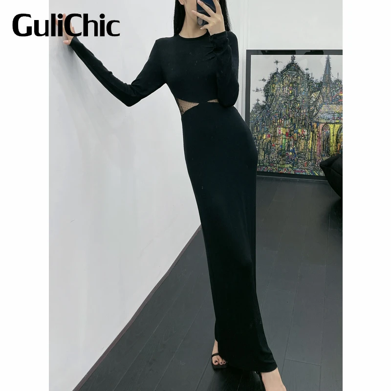 

8.20 GuliChic Women Elegant Temperament Sexy See Through Lace Patchwork Slim Knitted Round Neck Black Dress