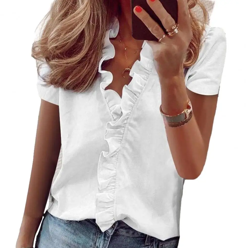 

Beautiful Women Summer Shirt Solid Color Summer Top V-neck Commute OL Style Summer Blouse Dating