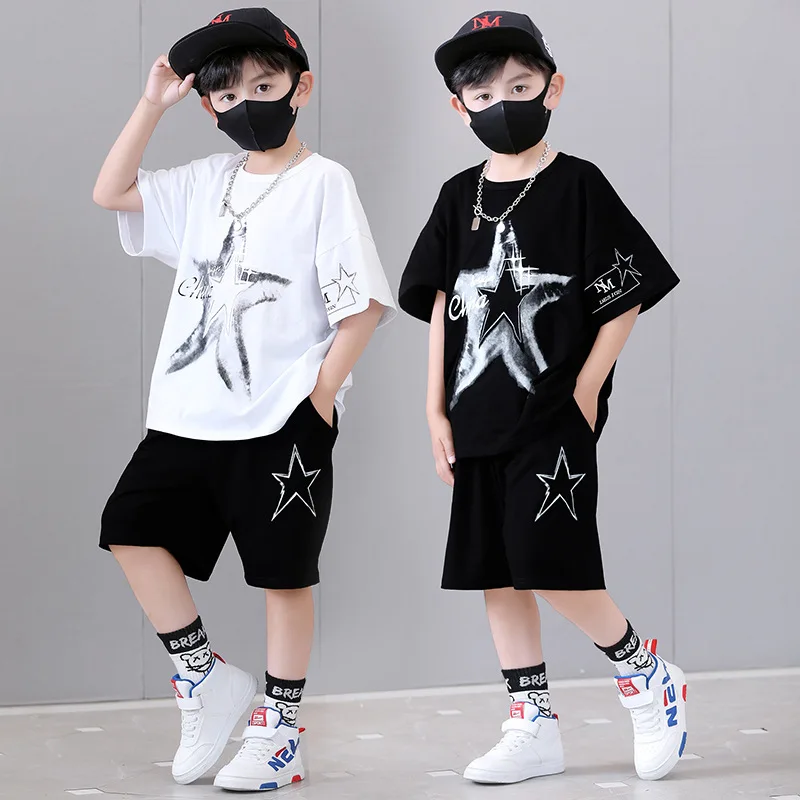 

Boys Summer Suit Black White Star Kids Short Sleeve T-shirt +shorts 2pc Sports Casual Outfits for Teenage Boy Clothing Sets