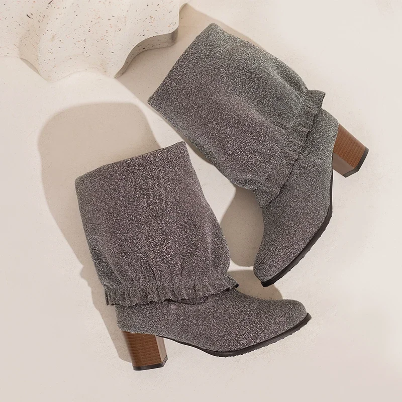 Модные ботинки из блестящей ткани с блестками и перевернутым краем фиолетовые