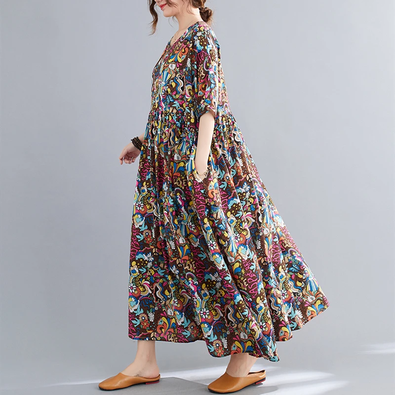 Летнее пляжное платье с цветочным рисунком для женщин Свободное длинное