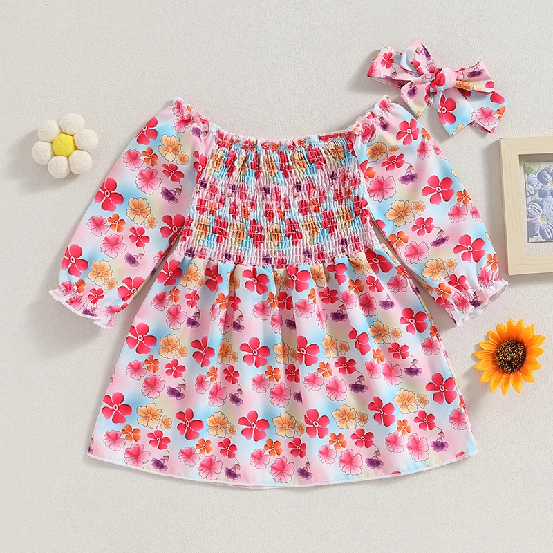 

BeQeuewll Kids Girls Dress Flower Print Boat Neck Long Sleeve Dress Fall Fashion Casual Princess Dress with Bowknot Headband
