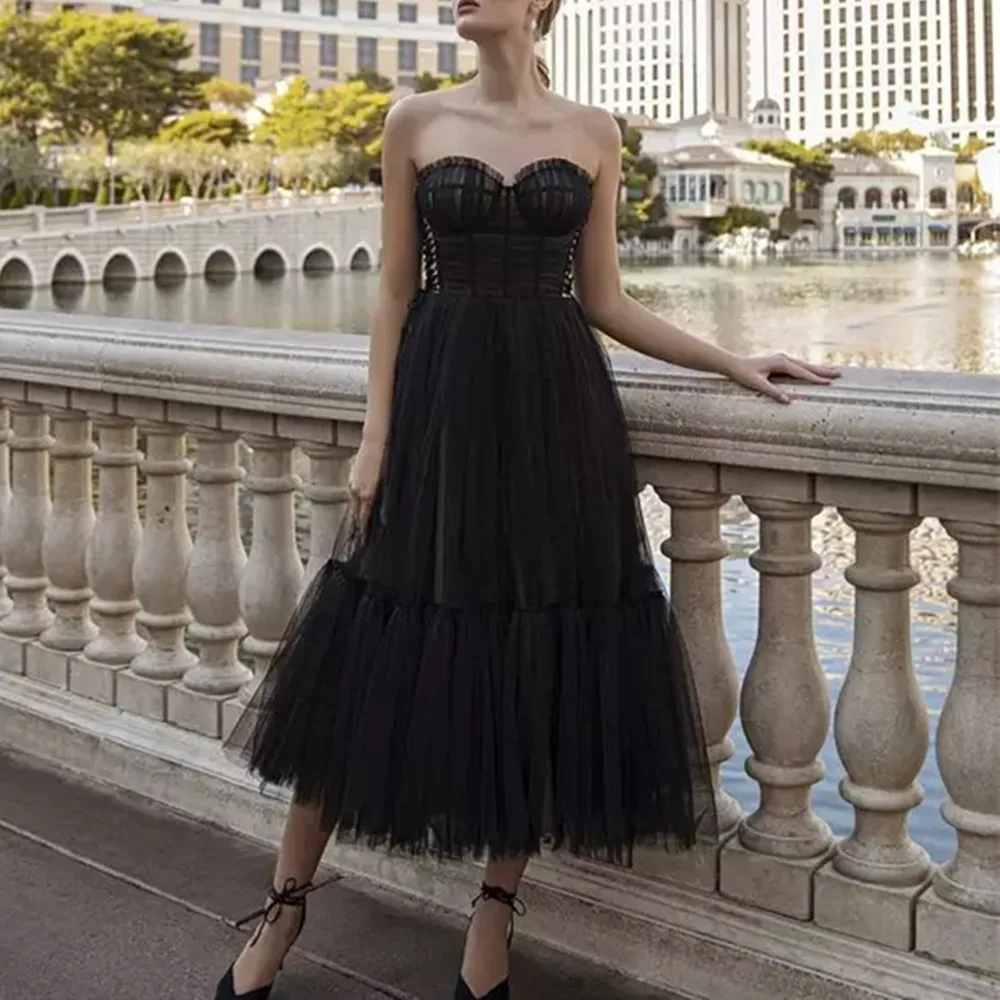 

2022 Simple New Arrival Sweetheart Pleats Tea-Length A-Line Tulle Prom Dress Evening Gown vestido formatura longo