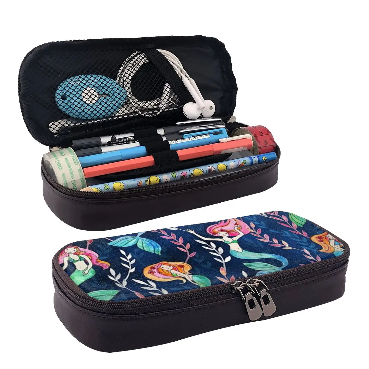 

Beautiful Mermaid Pattern Leather Pencil Case Zipper Pencil Box Stationery Pen Pouch for Boys Girls School Students Work Office