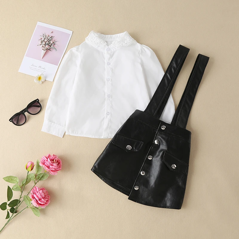 

Fashion Girl Clothes Two Pieces Set Floral Lace Collar Long Sleeve Solid Color Shirt PU Leather Button Suspender Skirt Outfits