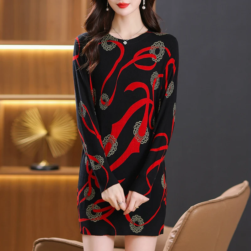 

Print Sweater Dresses Autumn Spring Knitwears Womens Clothing Long Sleeve Pull Femme Pullover Slim Soft Sweaters For Women
